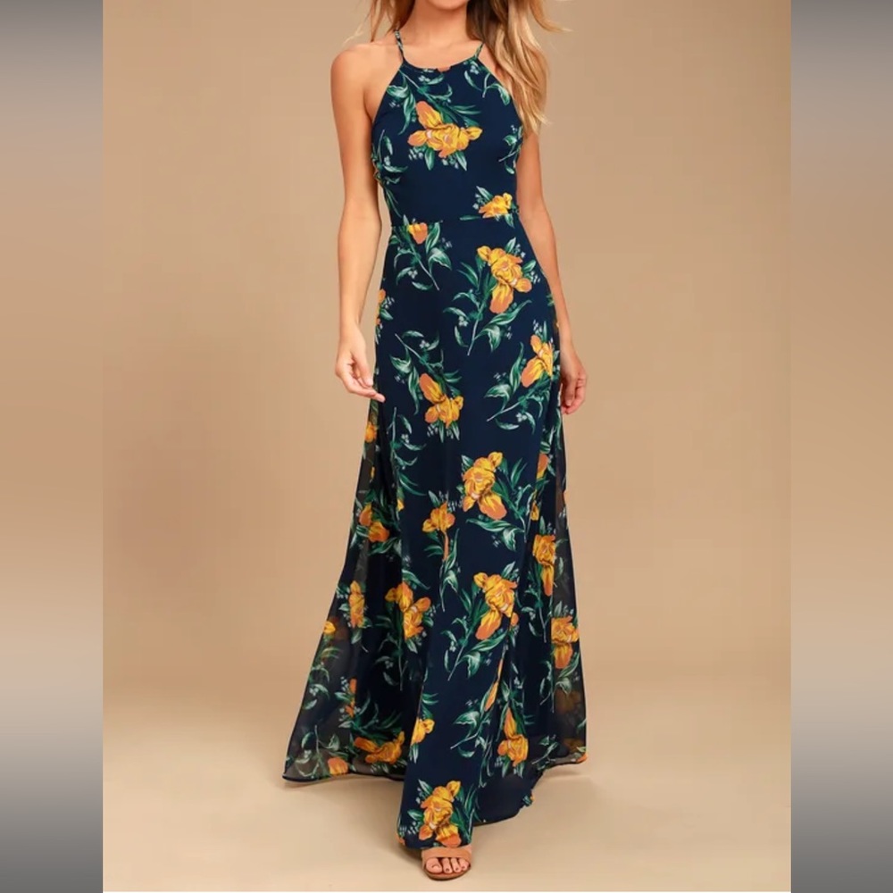 LULUS ADVENTURE SEEKER NAVY BLUE AND YELLOW FLORAL PRINT MAXI DRESS - XSmall